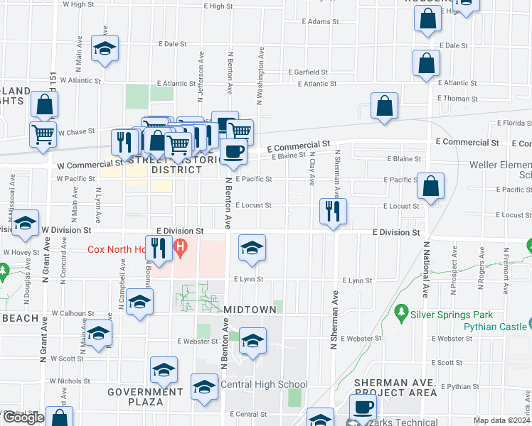map of restaurants, bars, coffee shops, grocery stores, and more near 1530 North Washington Avenue in Springfield
