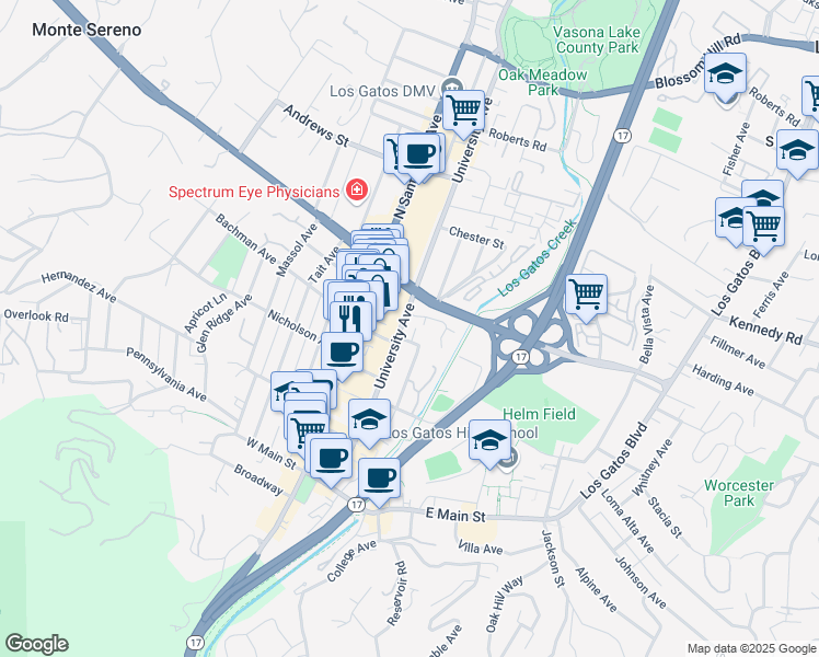 map of restaurants, bars, coffee shops, grocery stores, and more near 314 University Avenue in Los Gatos