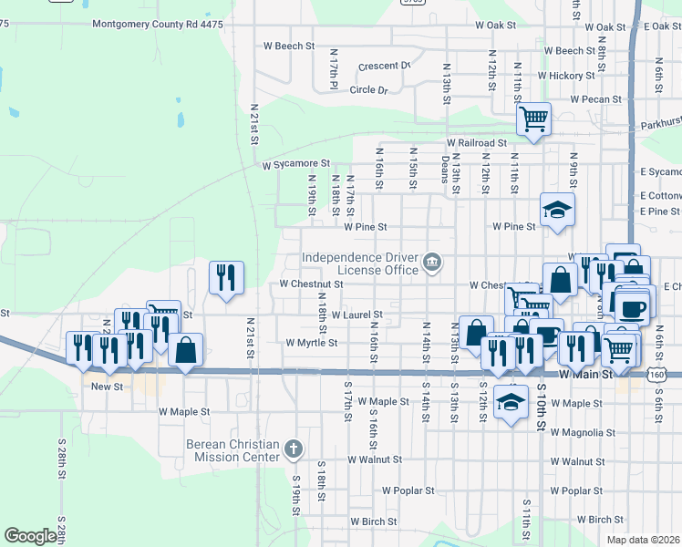 map of restaurants, bars, coffee shops, grocery stores, and more near 400-498 North 18th Street in Independence