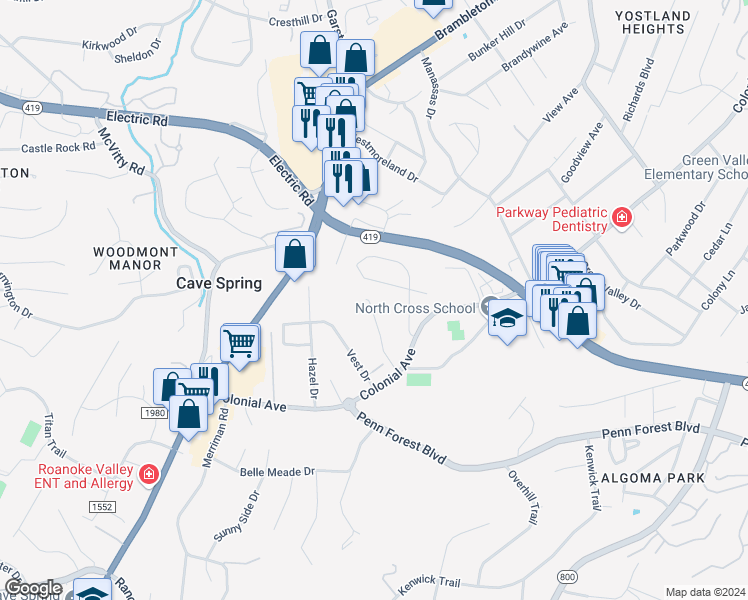 map of restaurants, bars, coffee shops, grocery stores, and more near 4549 Colonial Place Drive in Cave Spring