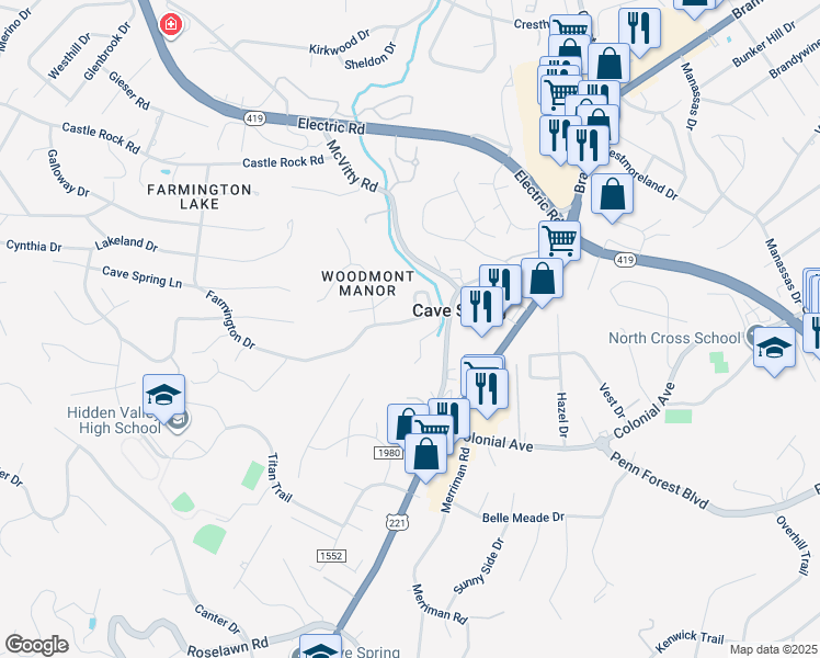 map of restaurants, bars, coffee shops, grocery stores, and more near 4920 Cave Spring Lane in Cave Spring