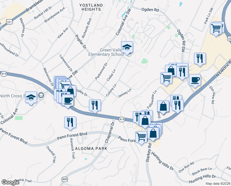 map of restaurants, bars, coffee shops, grocery stores, and more near 3641-3699 Janney Lane in Cave Spring