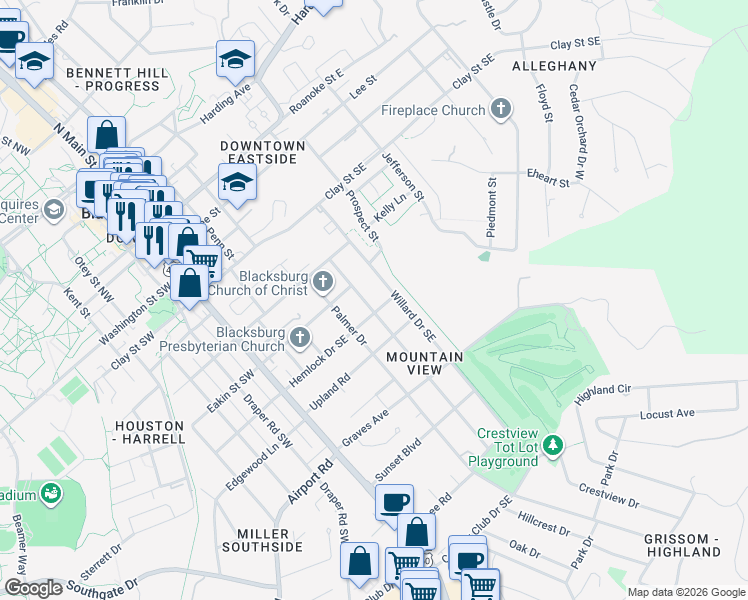 map of restaurants, bars, coffee shops, grocery stores, and more near 711 Kentwood Drive in Blacksburg