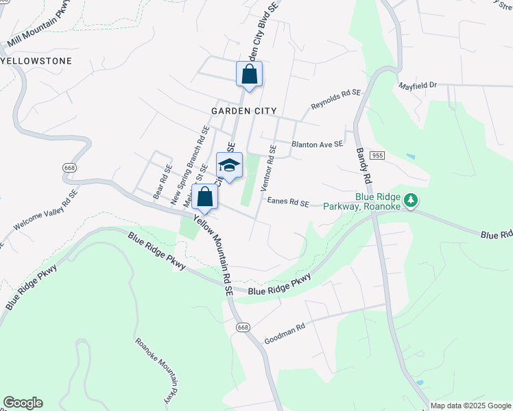 map of restaurants, bars, coffee shops, grocery stores, and more near 3715 Ventnor Road Southeast in Roanoke