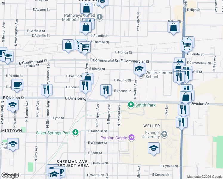 map of restaurants, bars, coffee shops, grocery stores, and more near 1600 North Rogers Avenue in Springfield