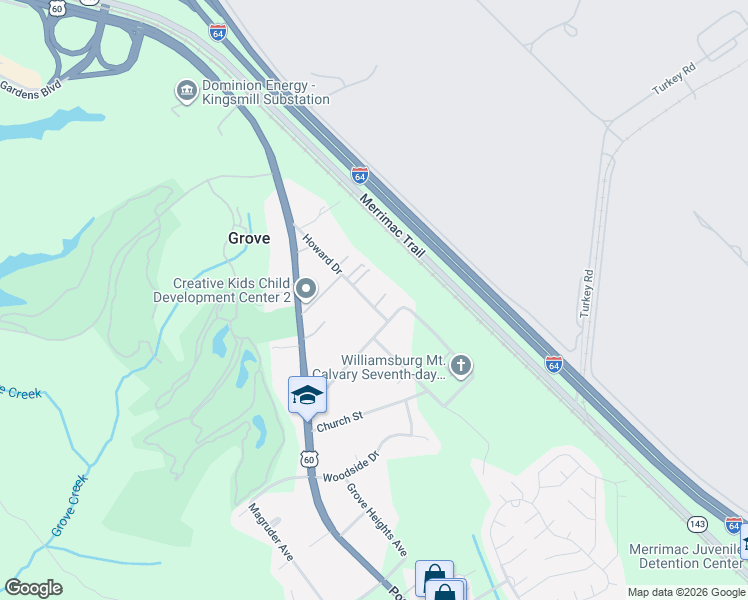 map of restaurants, bars, coffee shops, grocery stores, and more near 163 Howard Drive in Williamsburg