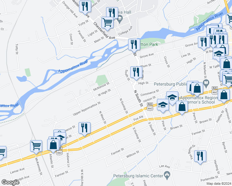 map of restaurants, bars, coffee shops, grocery stores, and more near 304 North Dunlop Street in Petersburg