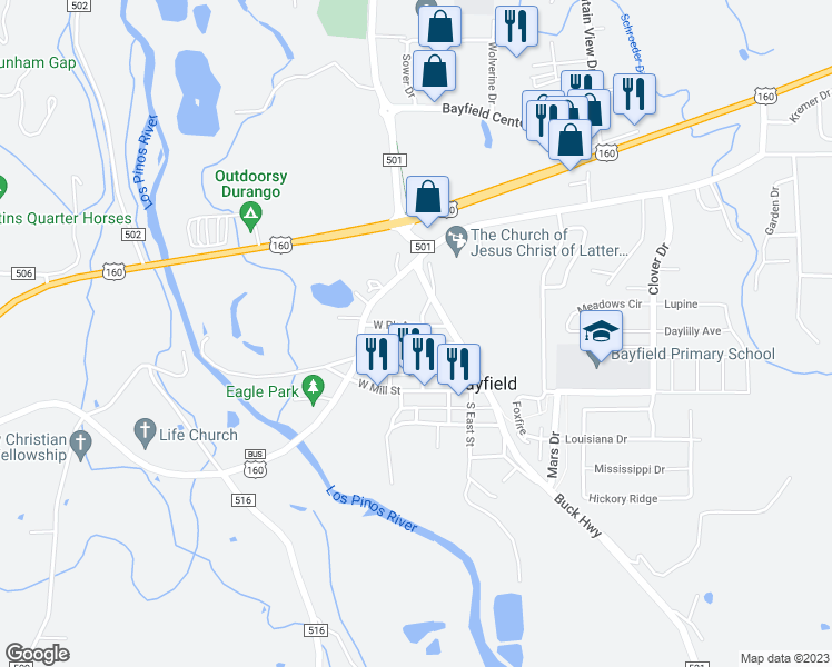 map of restaurants, bars, coffee shops, grocery stores, and more near 367 South Pearl Street in Bayfield