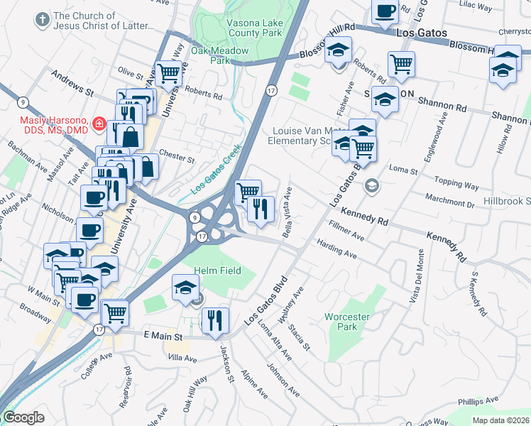 map of restaurants, bars, coffee shops, grocery stores, and more near 409 Alberto Way in Los Gatos