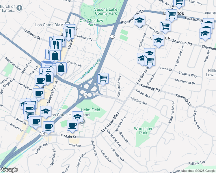 map of restaurants, bars, coffee shops, grocery stores, and more near 409 Alberto Way in Los Gatos