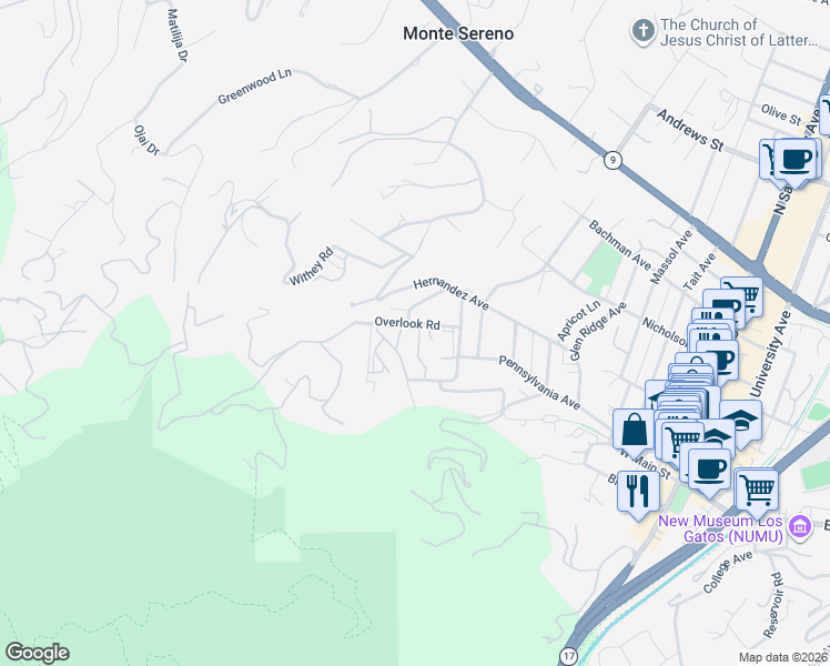 map of restaurants, bars, coffee shops, grocery stores, and more near 18000 Overlook Road in Los Gatos
