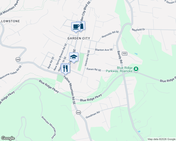 map of restaurants, bars, coffee shops, grocery stores, and more near 1435 Eanes Road Southeast in Roanoke
