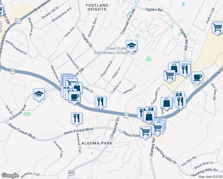 map of restaurants, bars, coffee shops, grocery stores, and more near 3710 Colony Ln in Roanoke
