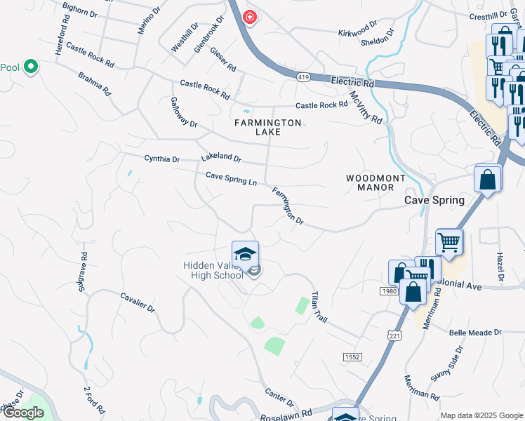 map of restaurants, bars, coffee shops, grocery stores, and more near 5334 Luwana Dr in Roanoke