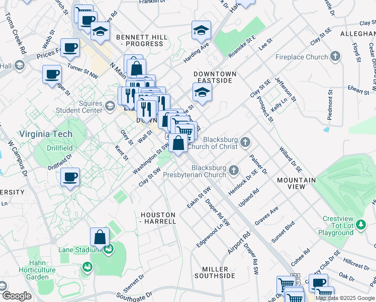 map of restaurants, bars, coffee shops, grocery stores, and more near 400 South Main Street in Blacksburg