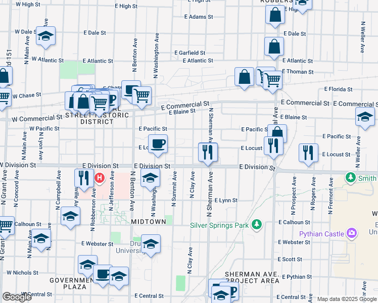 map of restaurants, bars, coffee shops, grocery stores, and more near 1522 North Clay Avenue in Springfield