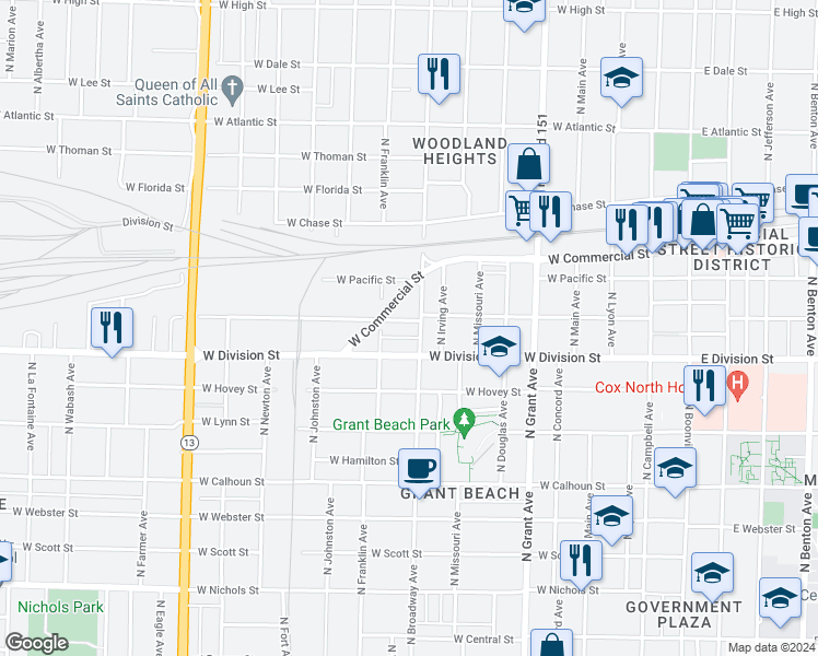 map of restaurants, bars, coffee shops, grocery stores, and more near 1010 West Locust Street in Springfield