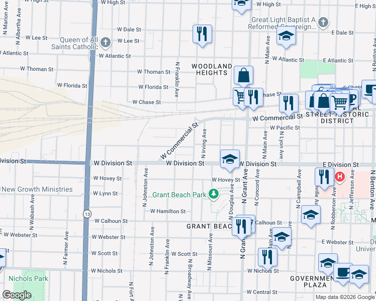 map of restaurants, bars, coffee shops, grocery stores, and more near 1010 West Locust Street in Springfield