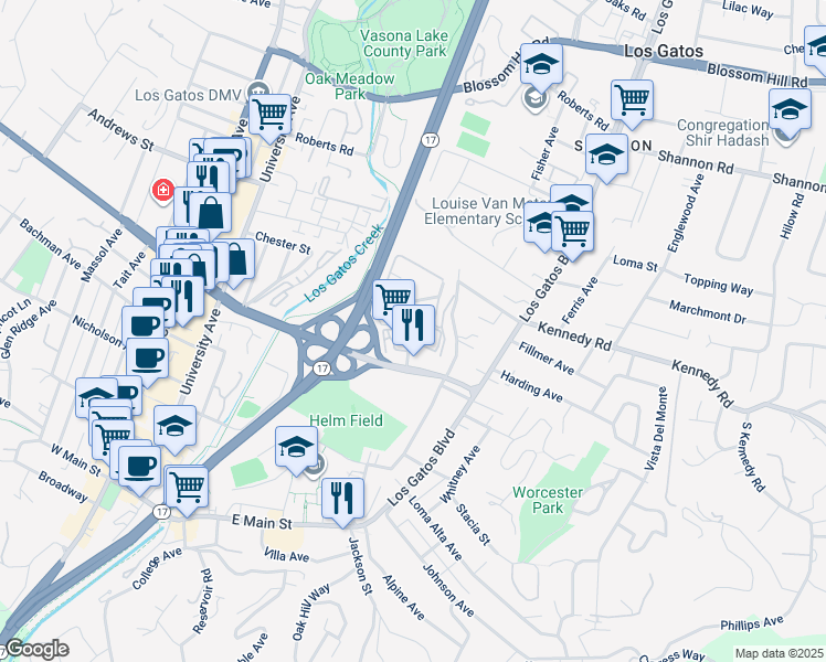 map of restaurants, bars, coffee shops, grocery stores, and more near 420 Alberto Way in Los Gatos
