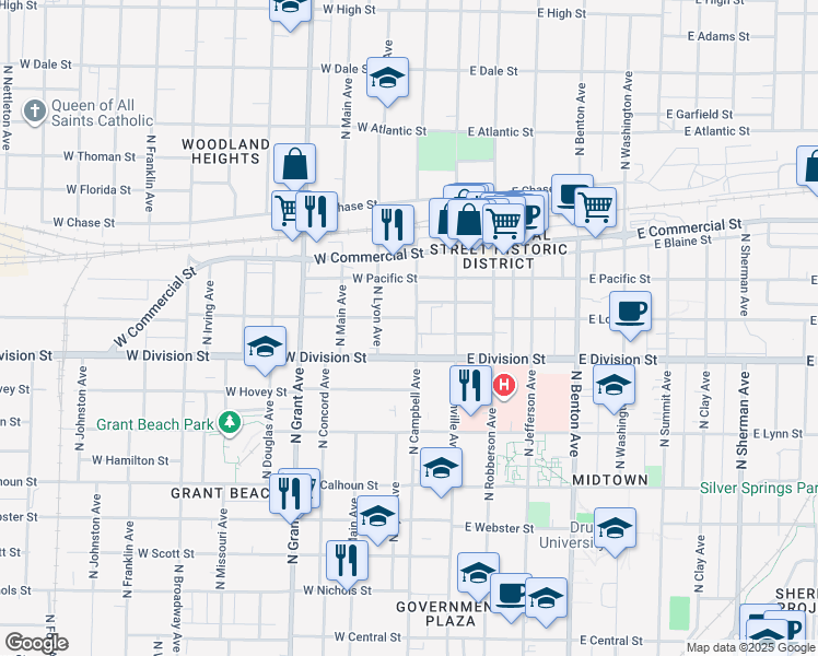 map of restaurants, bars, coffee shops, grocery stores, and more near 1535 North Campbell Avenue in Springfield