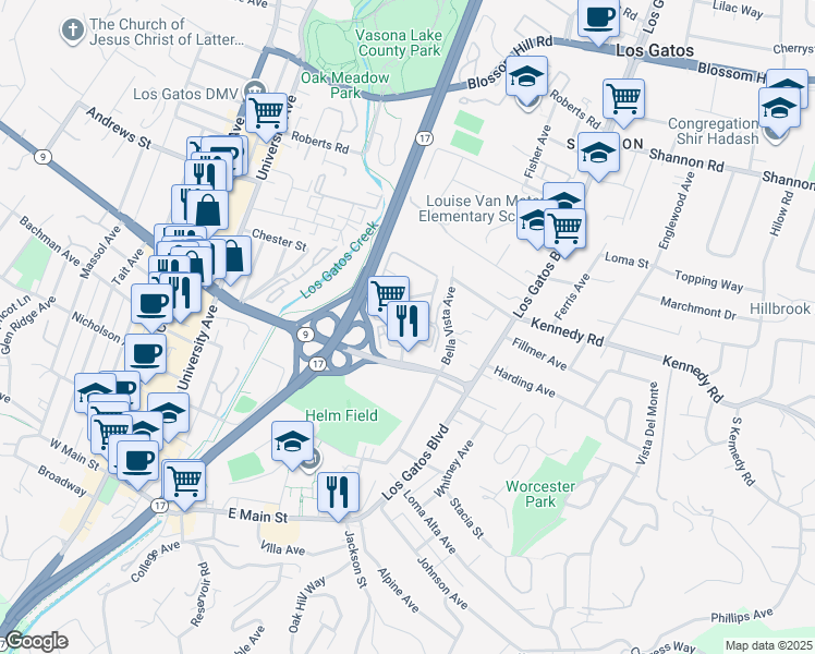 map of restaurants, bars, coffee shops, grocery stores, and more near 420 Alberto Way in Los Gatos