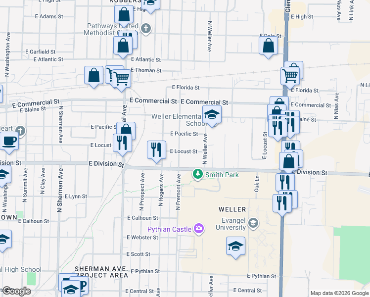 map of restaurants, bars, coffee shops, grocery stores, and more near 1413 East Locust Street in Springfield