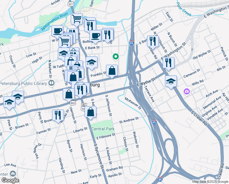 map of restaurants, bars, coffee shops, grocery stores, and more near 220 East Wythe Street in Petersburg