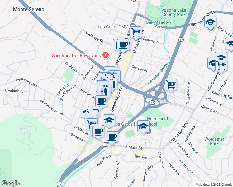 map of restaurants, bars, coffee shops, grocery stores, and more near 314 University Avenue in Los Gatos