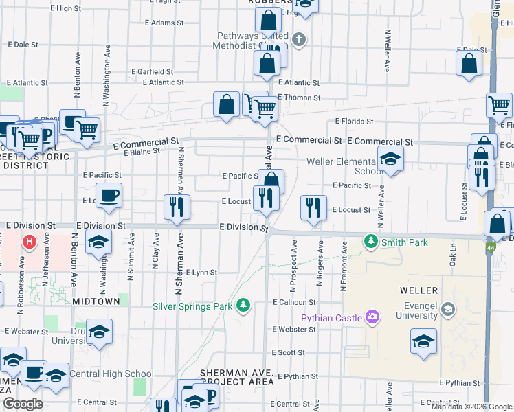 map of restaurants, bars, coffee shops, grocery stores, and more near 1124 East Locust Street in Springfield