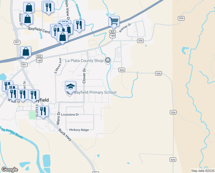 map of restaurants, bars, coffee shops, grocery stores, and more near 932 Sunflower Lane in Bayfield