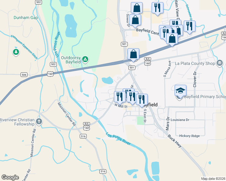 map of restaurants, bars, coffee shops, grocery stores, and more near 148 Park Street in Bayfield