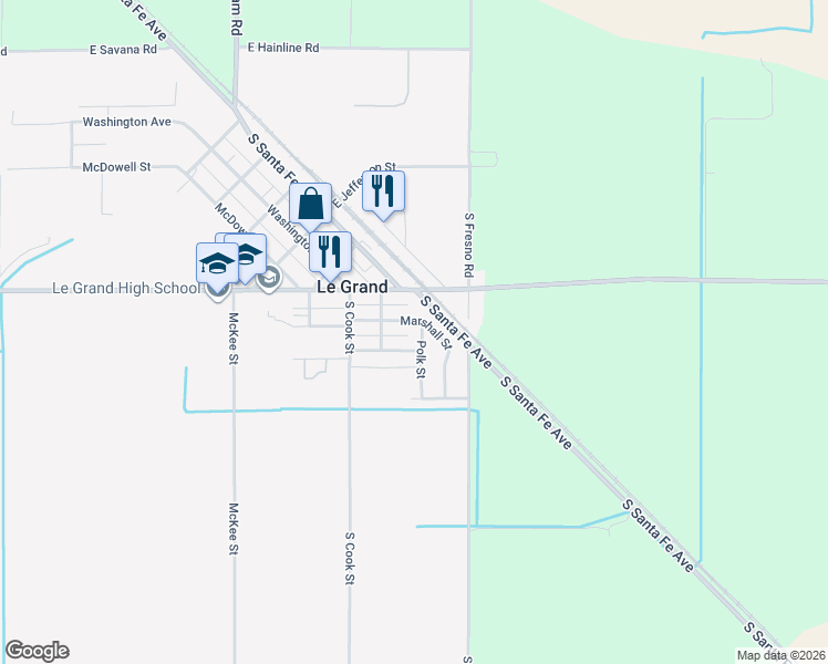 map of restaurants, bars, coffee shops, grocery stores, and more near 13368 Woodrow Street in Le Grand