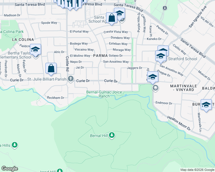 map of restaurants, bars, coffee shops, grocery stores, and more near 6485 Sulu Court in San Jose