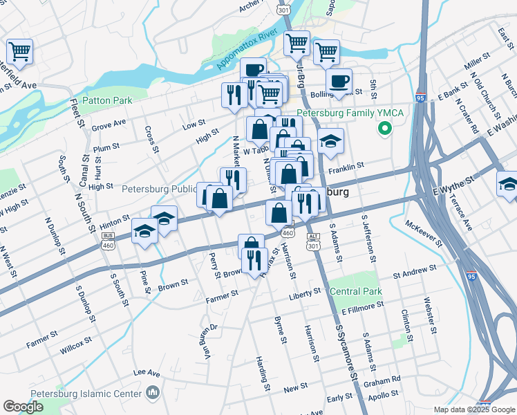 map of restaurants, bars, coffee shops, grocery stores, and more near 120 West Washington Street in Petersburg