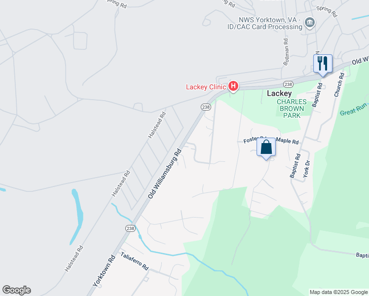 map of restaurants, bars, coffee shops, grocery stores, and more near 1206 Old Williamsburg Road in Yorktown