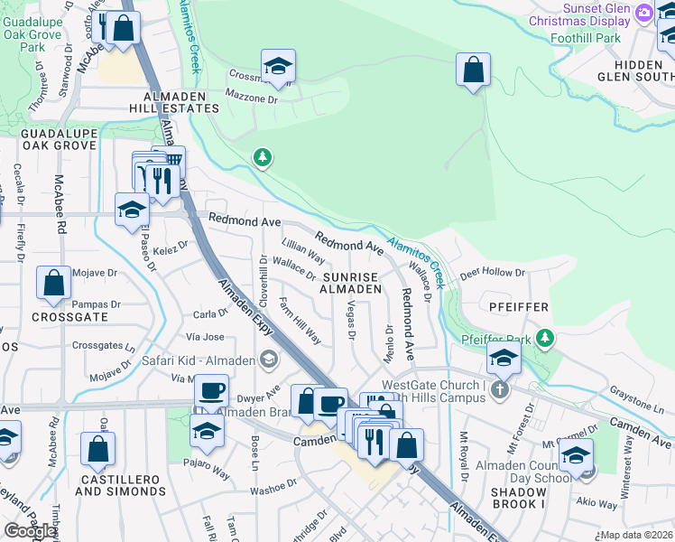 map of restaurants, bars, coffee shops, grocery stores, and more near 6290 Lillian Way in San Jose