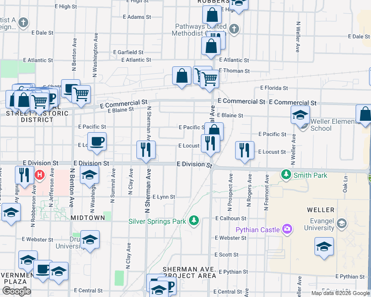 map of restaurants, bars, coffee shops, grocery stores, and more near 1050 East Locust Street in Springfield