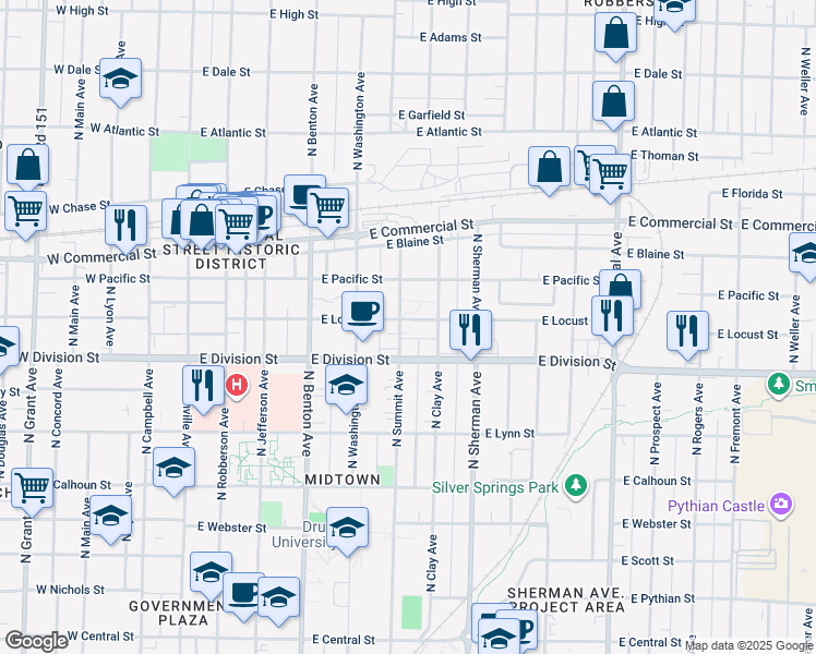 map of restaurants, bars, coffee shops, grocery stores, and more near 1530 North Summit Avenue in Springfield