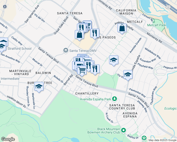 map of restaurants, bars, coffee shops, grocery stores, and more near 7090 Santa Teresa Boulevard in San Jose
