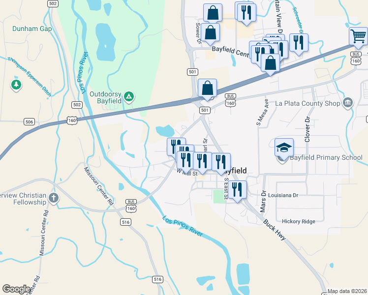 map of restaurants, bars, coffee shops, grocery stores, and more near 148 East Park Street in Bayfield