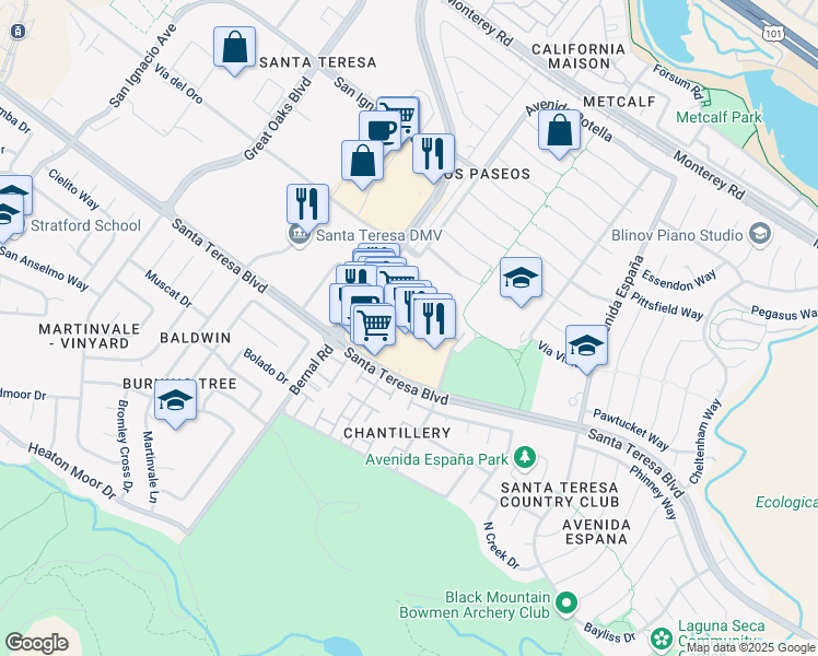 map of restaurants, bars, coffee shops, grocery stores, and more near 7090 Santa Teresa Boulevard in San Jose
