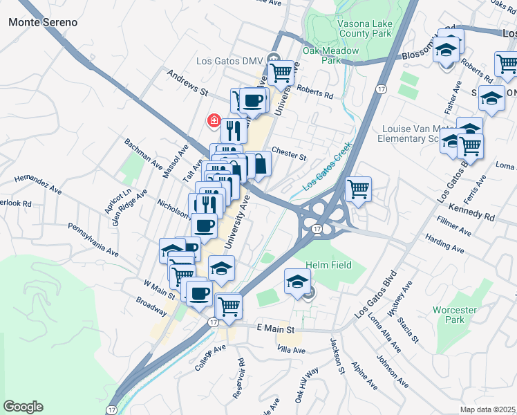 map of restaurants, bars, coffee shops, grocery stores, and more near 110 Boyer Lane in Los Gatos