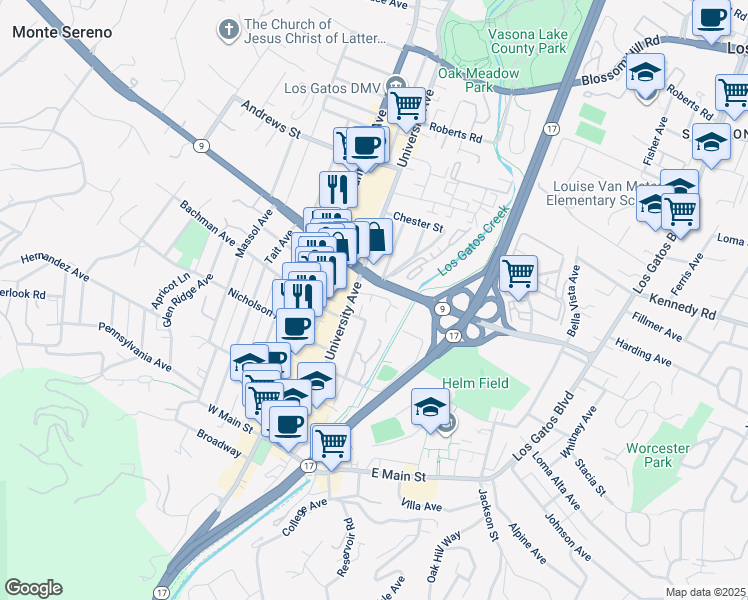 map of restaurants, bars, coffee shops, grocery stores, and more near 110 Boyer Lane in Los Gatos