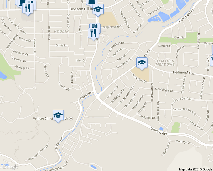 map of restaurants, bars, coffee shops, grocery stores, and more near 1676 Capitancillos Place in San Jose