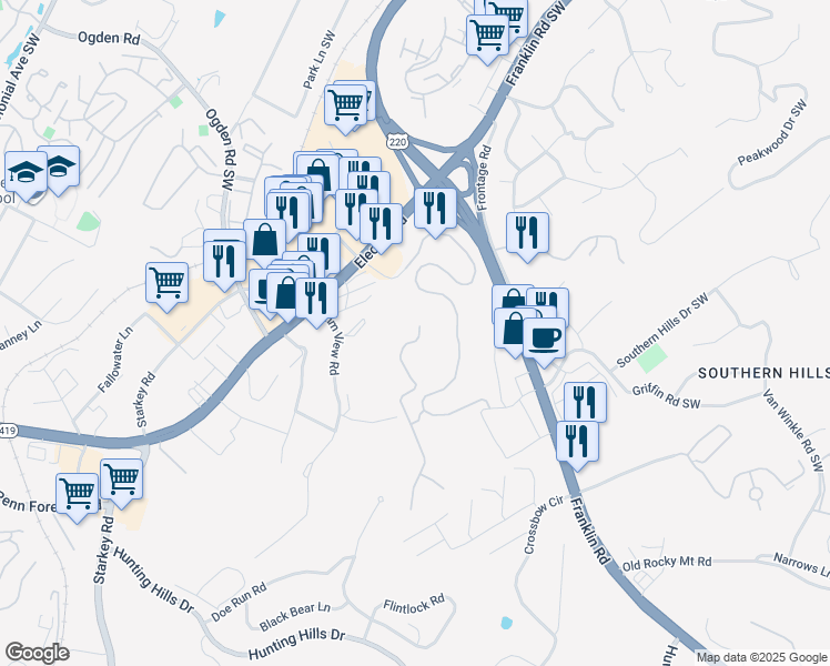 map of restaurants, bars, coffee shops, grocery stores, and more near 5422 The Peaks Drive in Roanoke