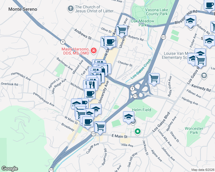map of restaurants, bars, coffee shops, grocery stores, and more near 322 University Avenue in Los Gatos