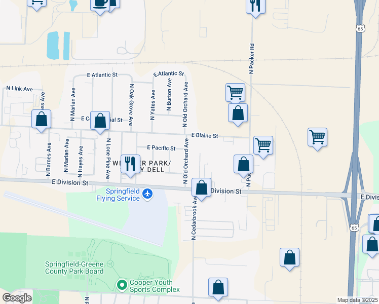 map of restaurants, bars, coffee shops, grocery stores, and more near 1644 North Old Orchard Avenue in Springfield