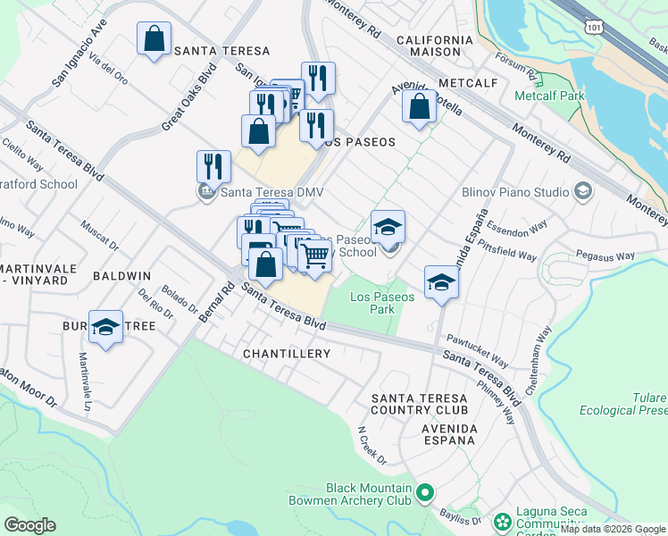map of restaurants, bars, coffee shops, grocery stores, and more near 101 Morrow Court in San Jose