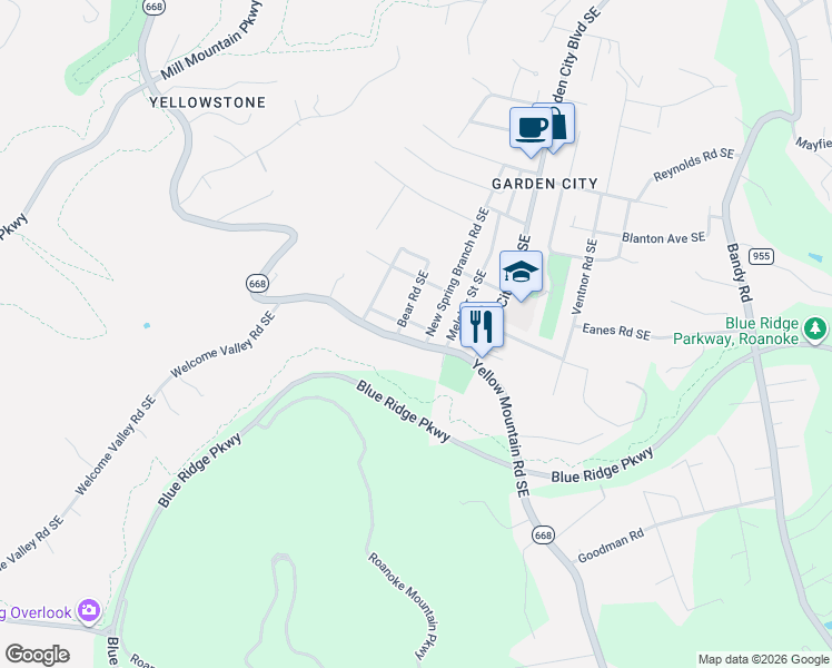 map of restaurants, bars, coffee shops, grocery stores, and more near 3648 State Route 668 in Roanoke