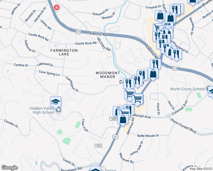 map of restaurants, bars, coffee shops, grocery stores, and more near South Peak Boulevard in Roanoke County